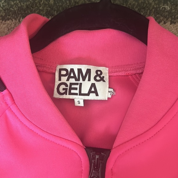 Pam & Gela Pink Track Stripe Jacket Crop bomber jacket size P Small hogh low - Picture 12 of 12